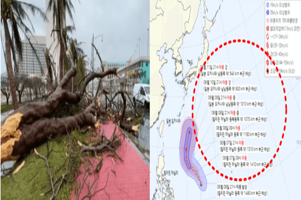 왼쪽 괌 태풍 '마와르' 피해 사진, 오른쪽 기상청